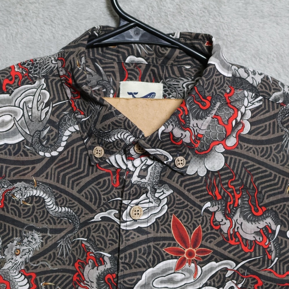 Yiume Shirt Mens Large Gray Red Dragon Print Button Up Long Sleeve Cotton Floral